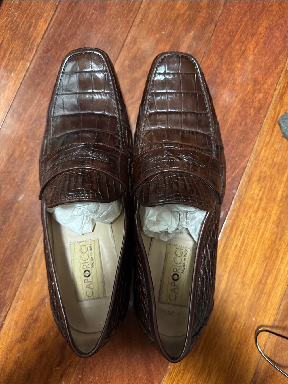 Caporicci Men’s Dark Brown Croc-Embossed Leather Slip-On Loafers